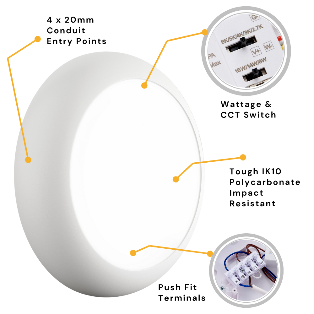 BALHAM Drum Bulkhead Light Fitting | LED Multi Wattage | CCT 5-Colour | IP65 | White