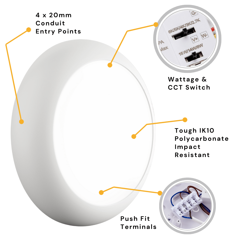 BALHAM Drum Bulkhead Light Fitting | LED Multi Wattage | CCT 5 - Colour | IP65 | White - LightHub Direct