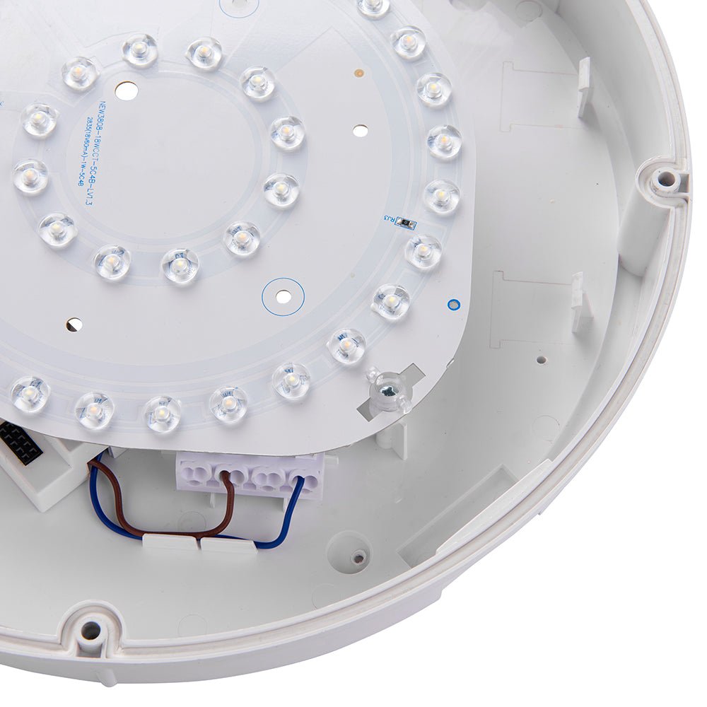 BALHAM Drum Bulkhead Light Fitting | LED 18W 1600lm | CCT Tri - Colour | IP65 | Black Eyelid | 3hr Emergency Function | Corridor Motion Sensor - LightHub Direct