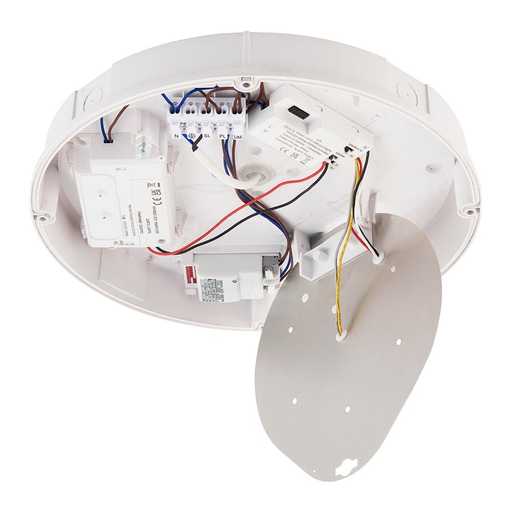 BALHAM Drum Bulkhead Light Fitting | LED 18W 1600lm | CCT Tri - Colour | IP65 | Black Eyelid | 3hr Emergency Function | Corridor Motion Sensor - LightHub Direct