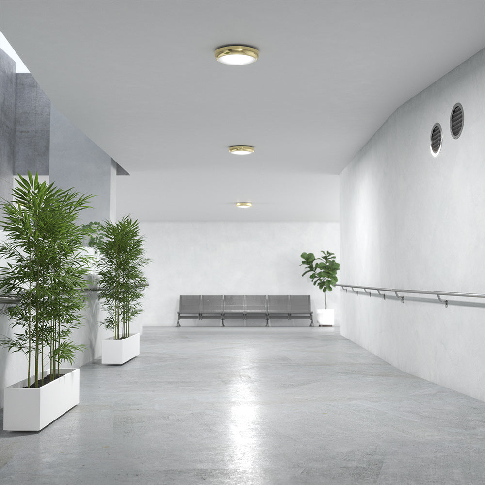 EUSTON TRINITY Slim Bulkhead Light | LED Multi Wattage 2160lm | Tri-Colour CCT | IP65 | Brass | 3hr Emergency | Microwave Motion Sensor