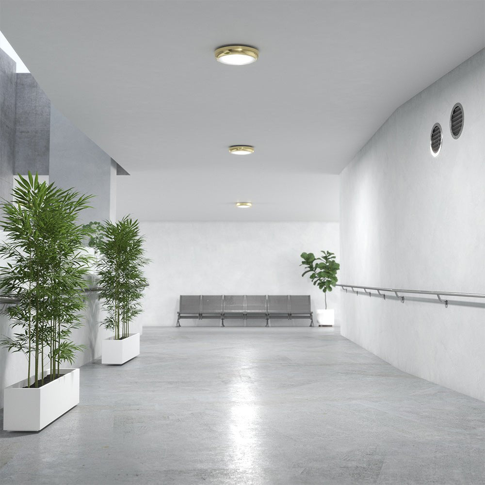 EUSTON TRINITY Slim Bulkhead Light | LED Multi Wattage 2160lm | Tri - Colour CCT | IP65 | Brass | 3hr Emergency | Microwave Motion Sensor - LightHub Direct