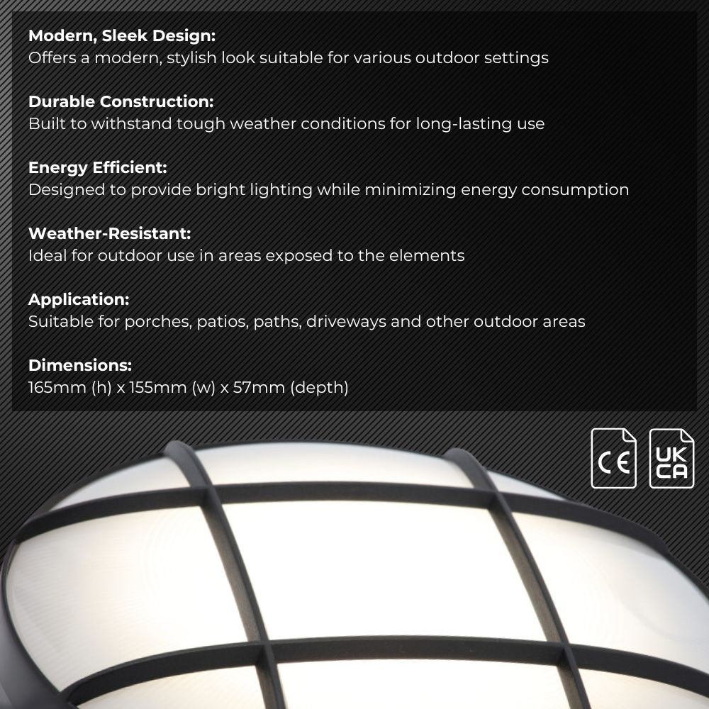 CAPELLA | Slim Round Bulkhead Grill Cage Coastal Light | 165mm | LED 750lm | 4000K Neutral | IP65 | Black