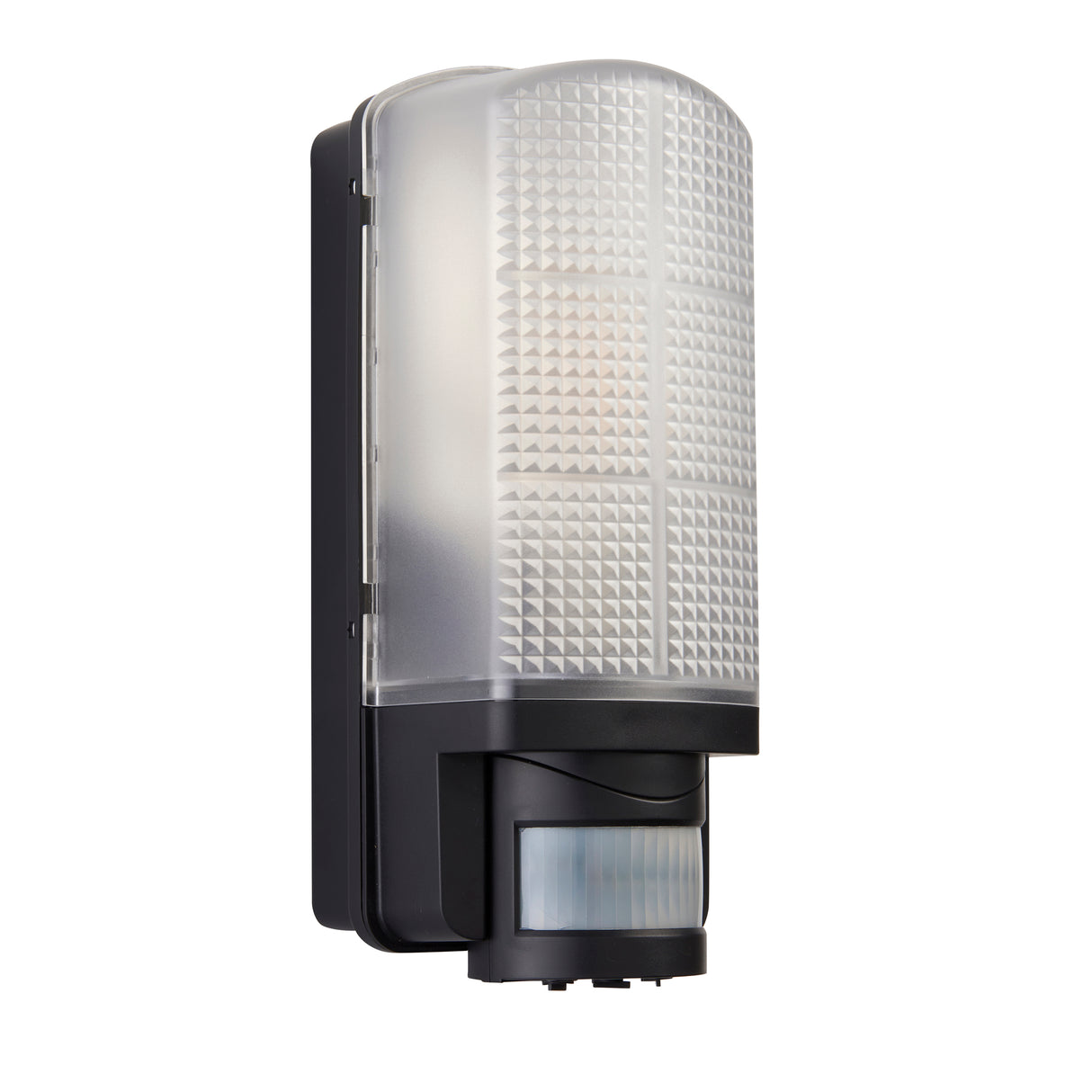Outdoor bulkhead wall light fitting with a PIR motion sensor, in black color, with a textured cover.