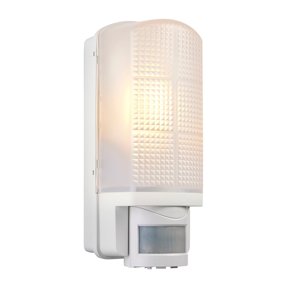 Outdoor Bulkhead Wall Light Fitting | LED CCT 8W E27 | CCT Tri - Colour | IP44 | PIR Motion Sensor | White - LightHub Direct