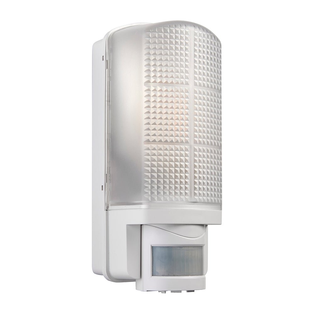 Outdoor Bulkhead Wall Light Fitting | LED CCT 8W E27 | CCT Tri - Colour | IP44 | PIR Motion Sensor | White - LightHub Direct
