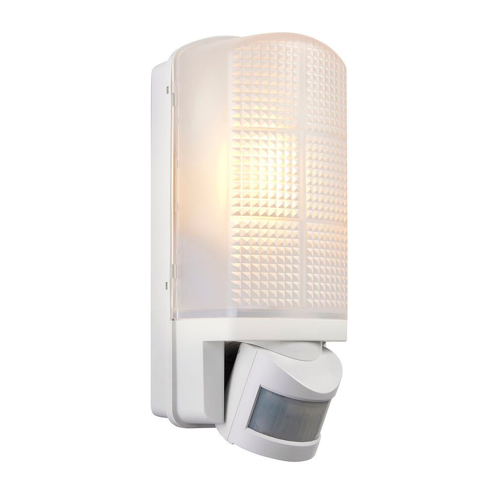 Outdoor Bulkhead Wall Light Fitting | LED CCT 8W E27 | CCT Tri - Colour | IP44 | PIR Motion Sensor | White - LightHub Direct