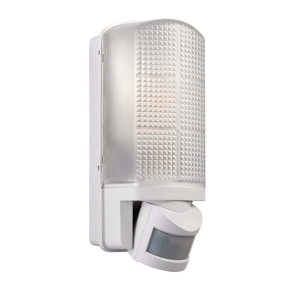 Outdoor Bulkhead Wall Light Fitting | LED CCT 8W E27 | CCT Tri - Colour | IP44 | PIR Motion Sensor | White - LightHub Direct