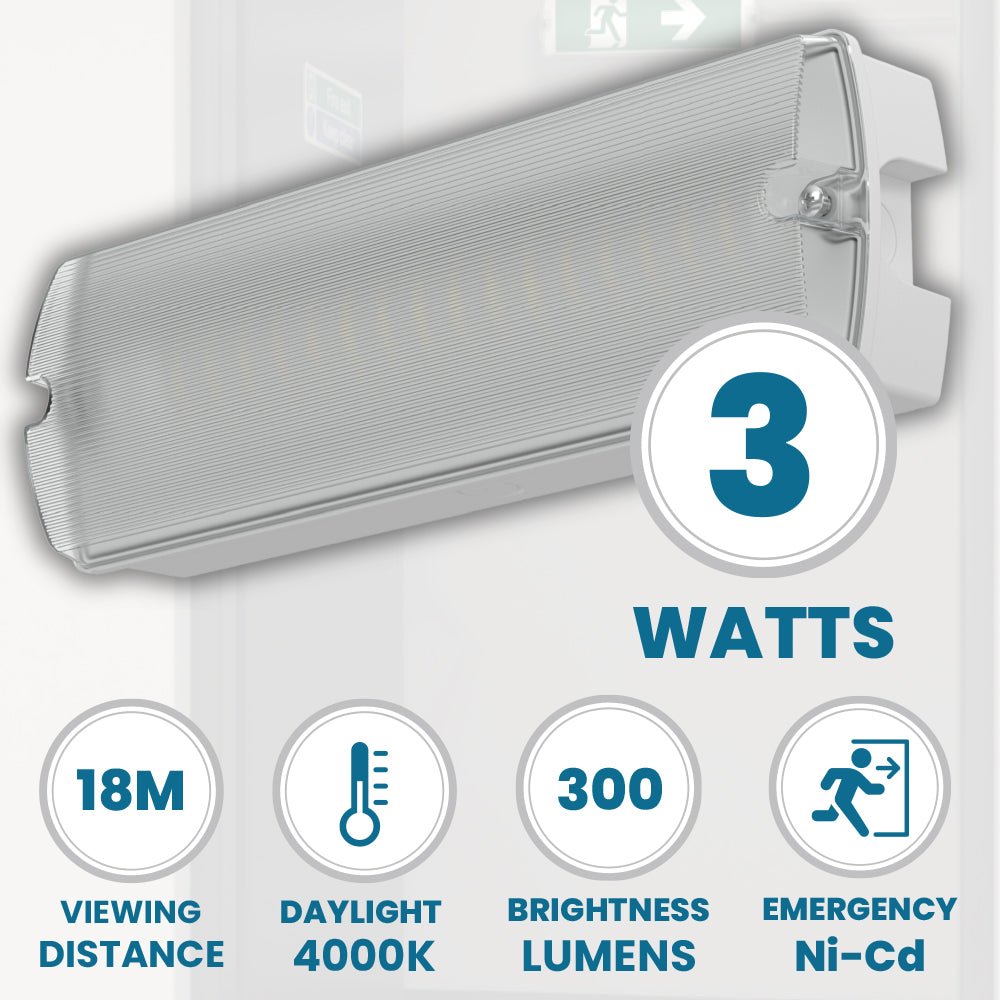 APEX - 4 Rectangle Fire Exit Bulkhead Light Fitting | LED 3.5W 254lm | 4000K Daylight White | IP65 | 3hr Emergency Function - LightHub Direct