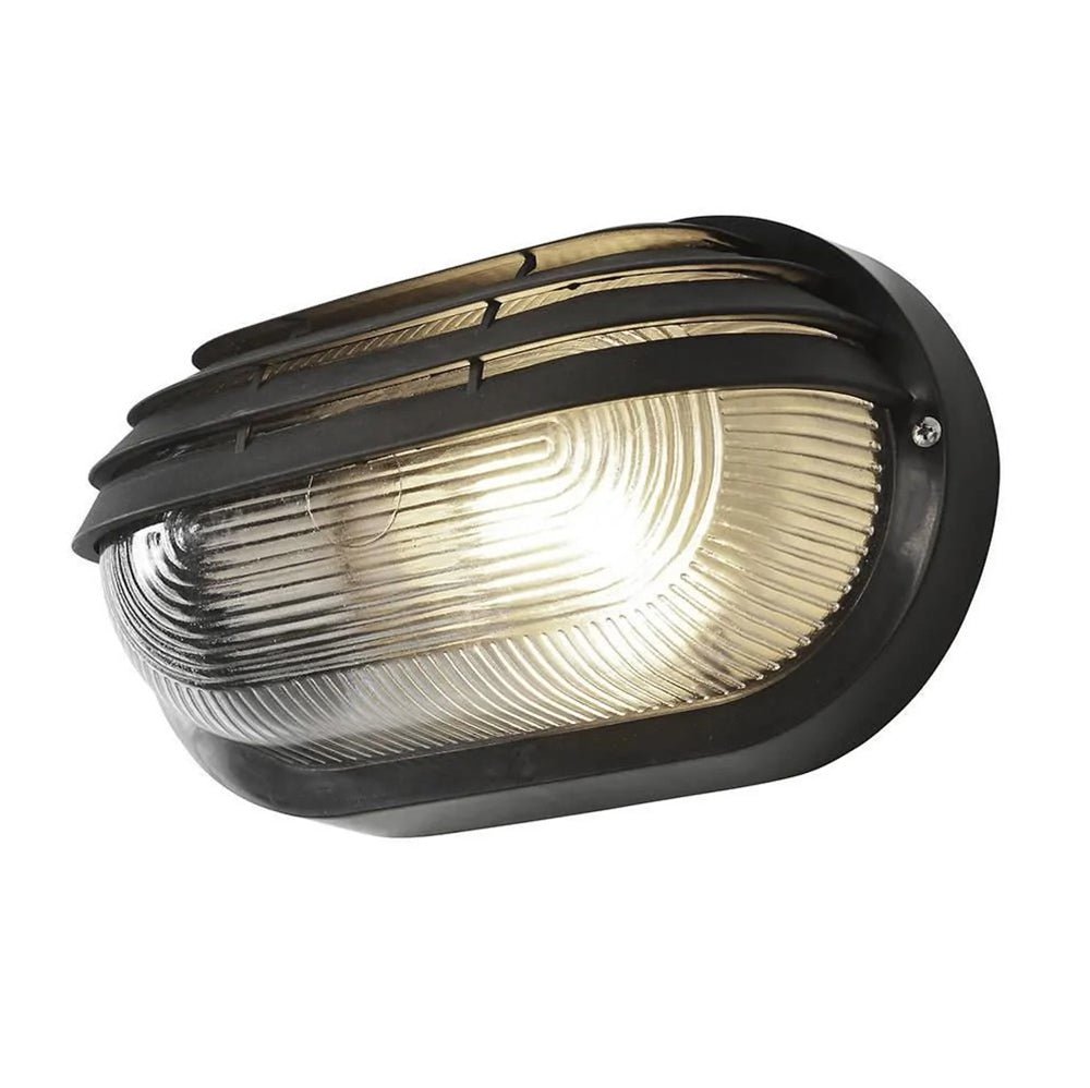 PUCK | Oval Bulkhead Outdoor Glass Wall Light Fitting | E27 | IP44 | Black Caged - LightHub Direct