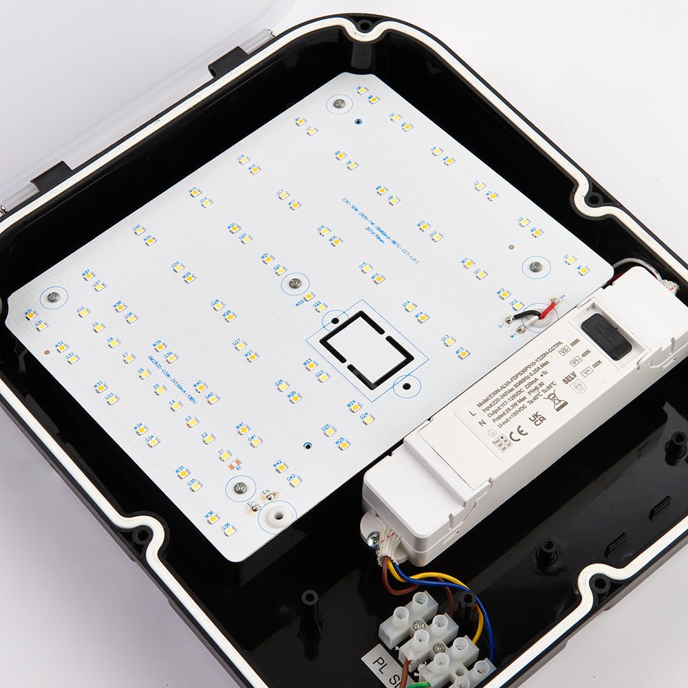 LED Exterior Wall Pack Security Bulkhead Light | 30W Lumen 3000lm | CCT Tri - Colour | IP65 | Black | Photocell Dusk to Dawn - LightHub Direct