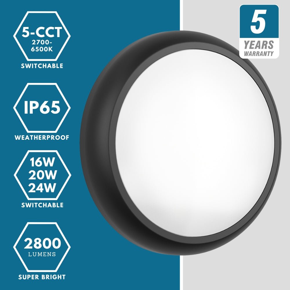 CE3X5 XL Large 400mm Slim Bulkhead Light | LED Multi Wattage & 5CCT | 2800lm | IP65 | Black | Corridor Sensor & Emergency - LightHub Direct