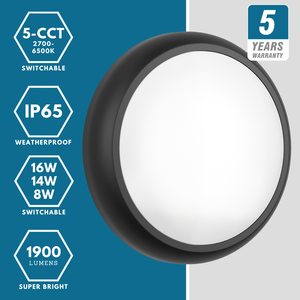 EUSTON CE3X5 | Round Bulkhead Light Fitting | LED Multi Wattage 8-16W | CCT 5-Colour | IP65 | Black