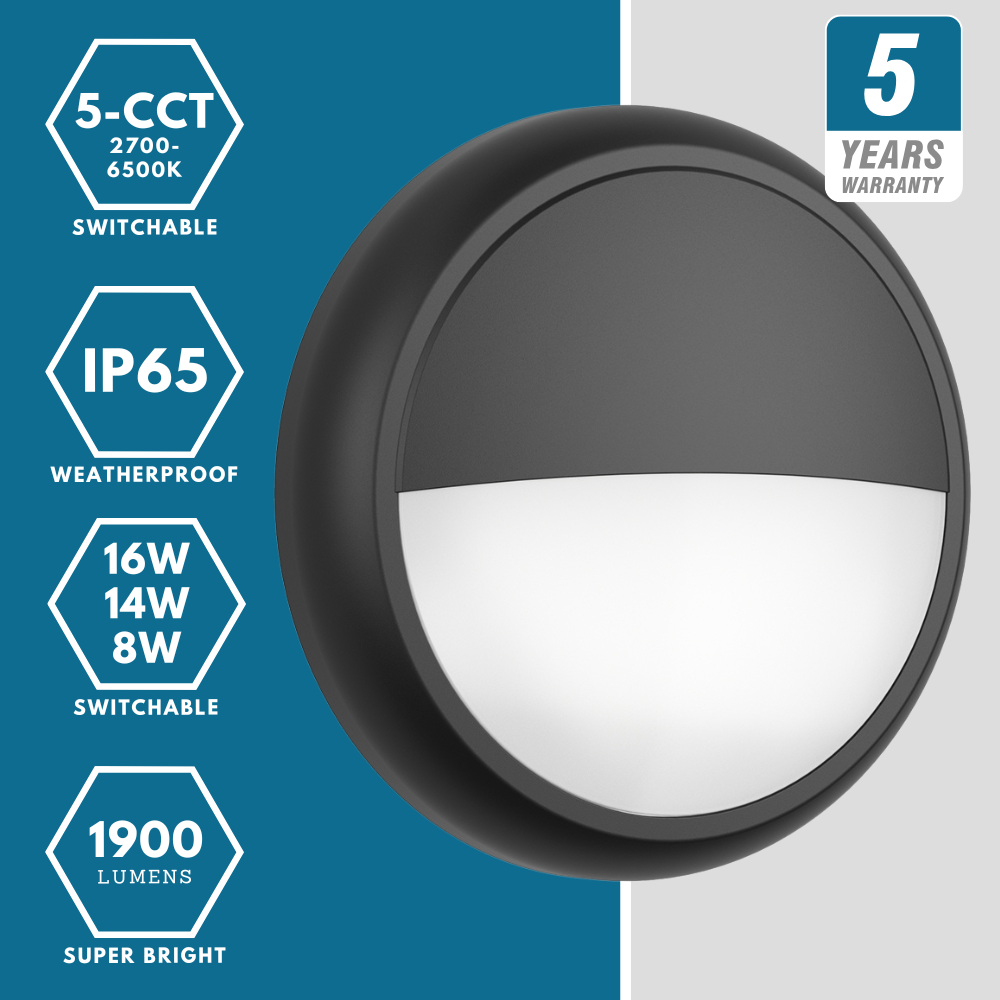 EUSTON CE3X5 | Round Bulkhead Light Fitting | LED Multi Wattage 8-16W | CCT 5-Colour | IP65 | 3hr Emergency | Black Eyelid