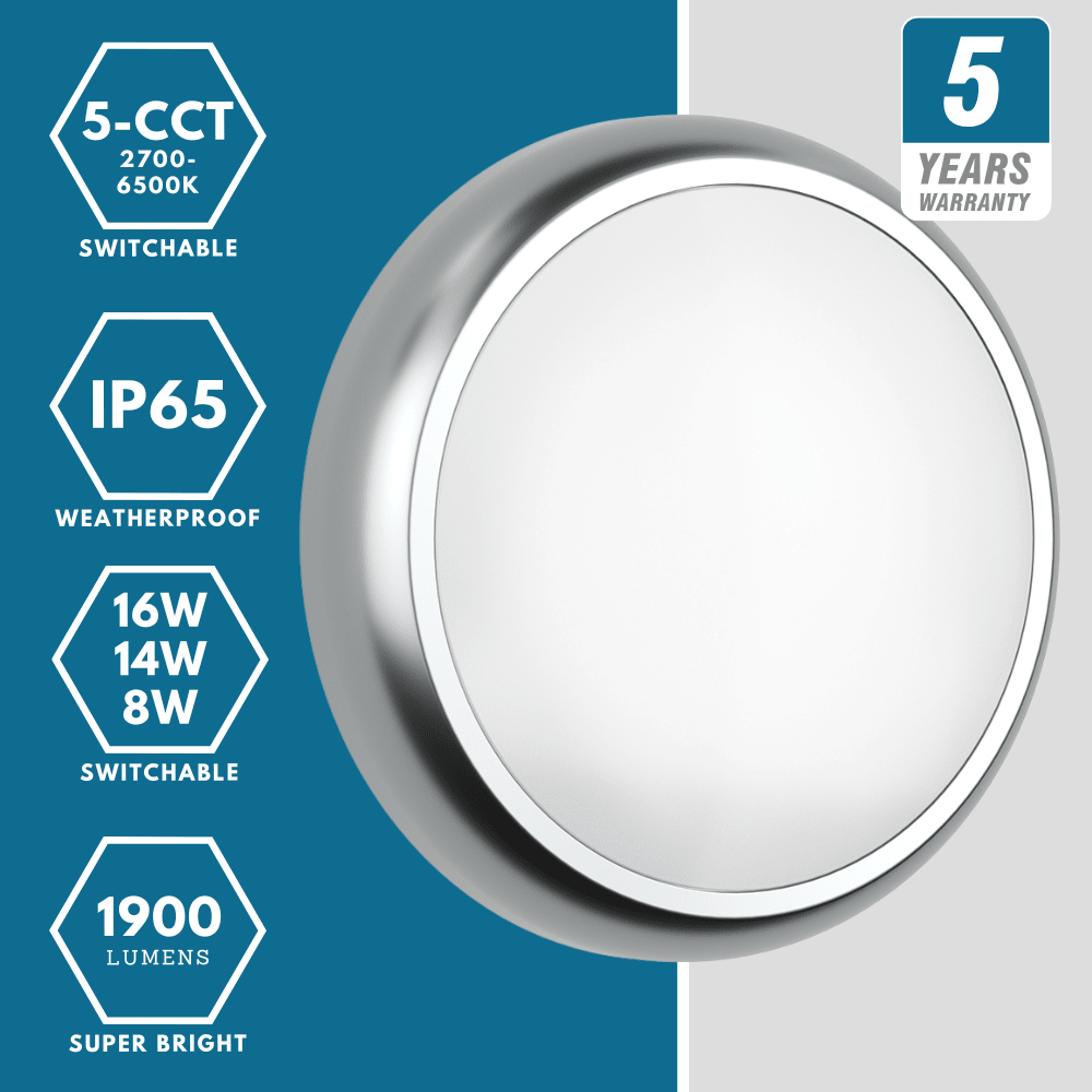 EUSTON CE3X5 | Round Bulkhead Light Fitting | LED Multi Wattage 8 - 16W | CCT 5 - Colour | IP65 | Corridor Sensor | Chrome - LightHub Direct