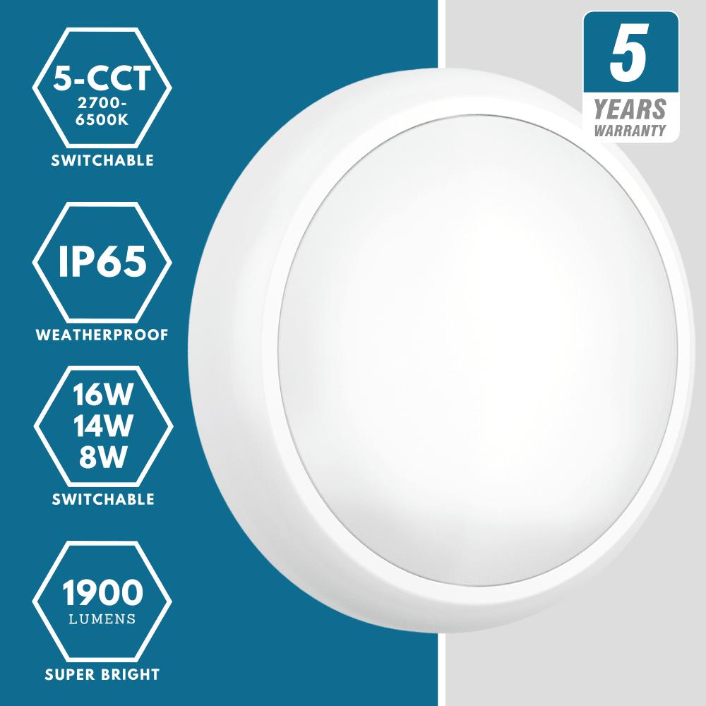 EUSTON CE3X5 | Round Bulkhead Light Fitting | LED Multi Wattage 8 - 16W | CCT 5 - Colour | IP65 | Corridor Sensor - LightHub Direct
