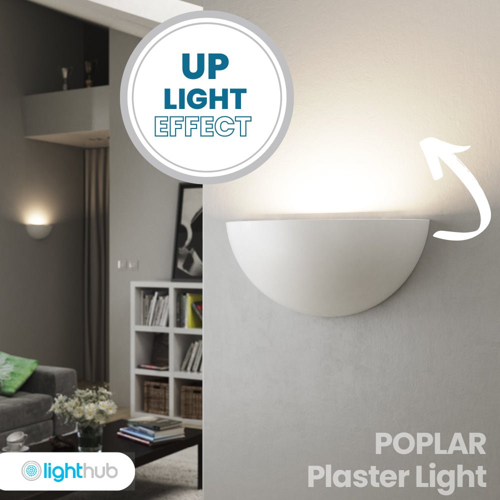 POPLAR Half Moon Paintable Plaster Uplighter Fitting | E27 (ES) | Up Light Effect - LightHub Direct