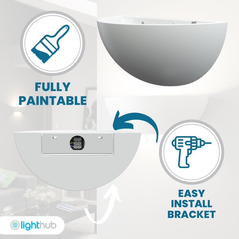 POPLAR Half Moon Paintable Plaster Uplighter Fitting | E27 (ES) | Up Light Effect - LightHub Direct