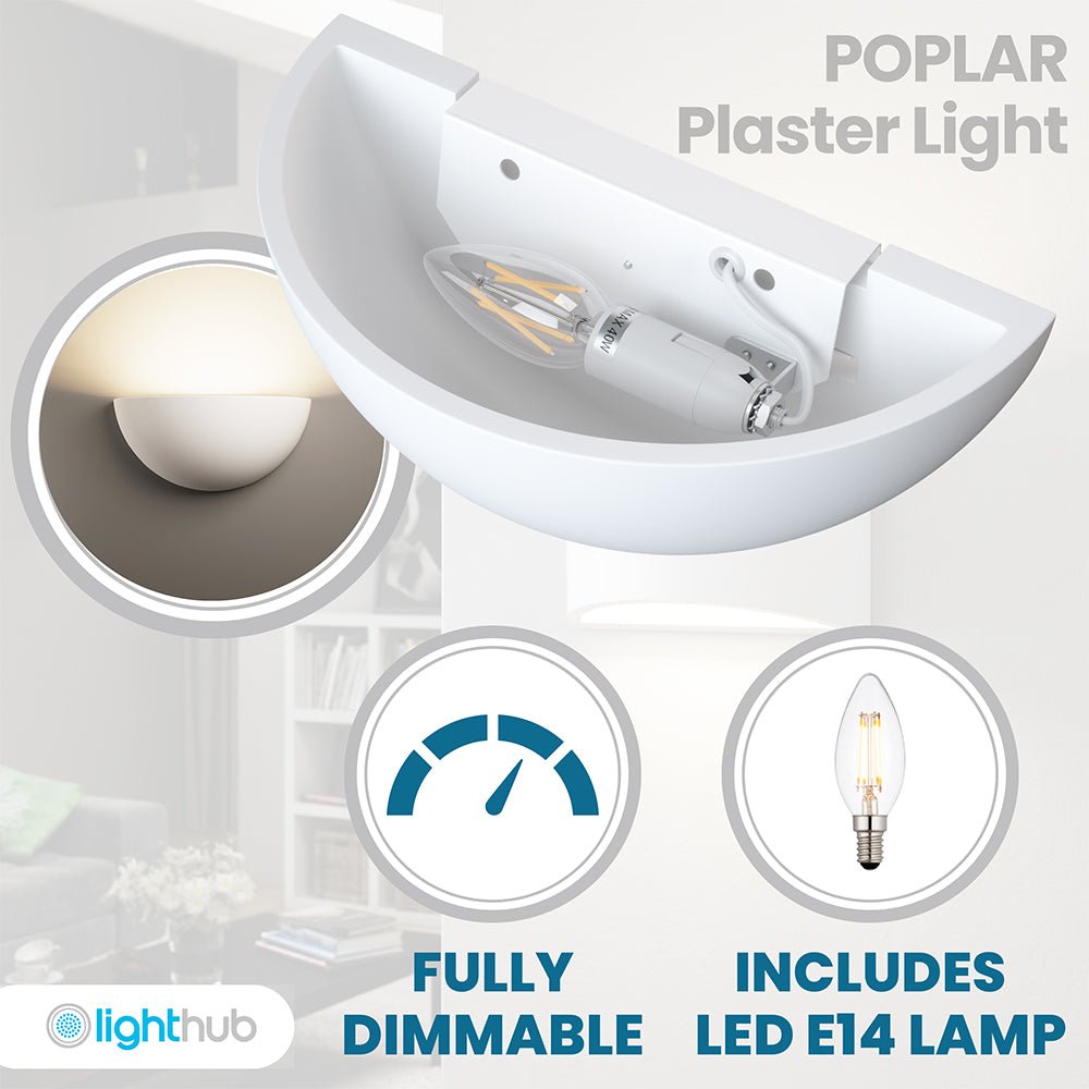 POPLAR Half Moon Paintable Plaster Uplighter Fitting | E14 (SES) | Up Light Effect | LED 2700K Warm White - LightHub Direct