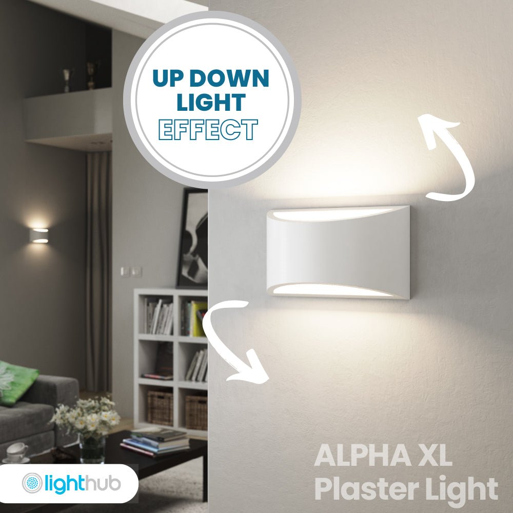 ALPHA XL Curved Plaster Uplighter Wall Fitting | E14 | Up Down Light Effect | 3000K Warm White Dimmable - LightHub Direct
