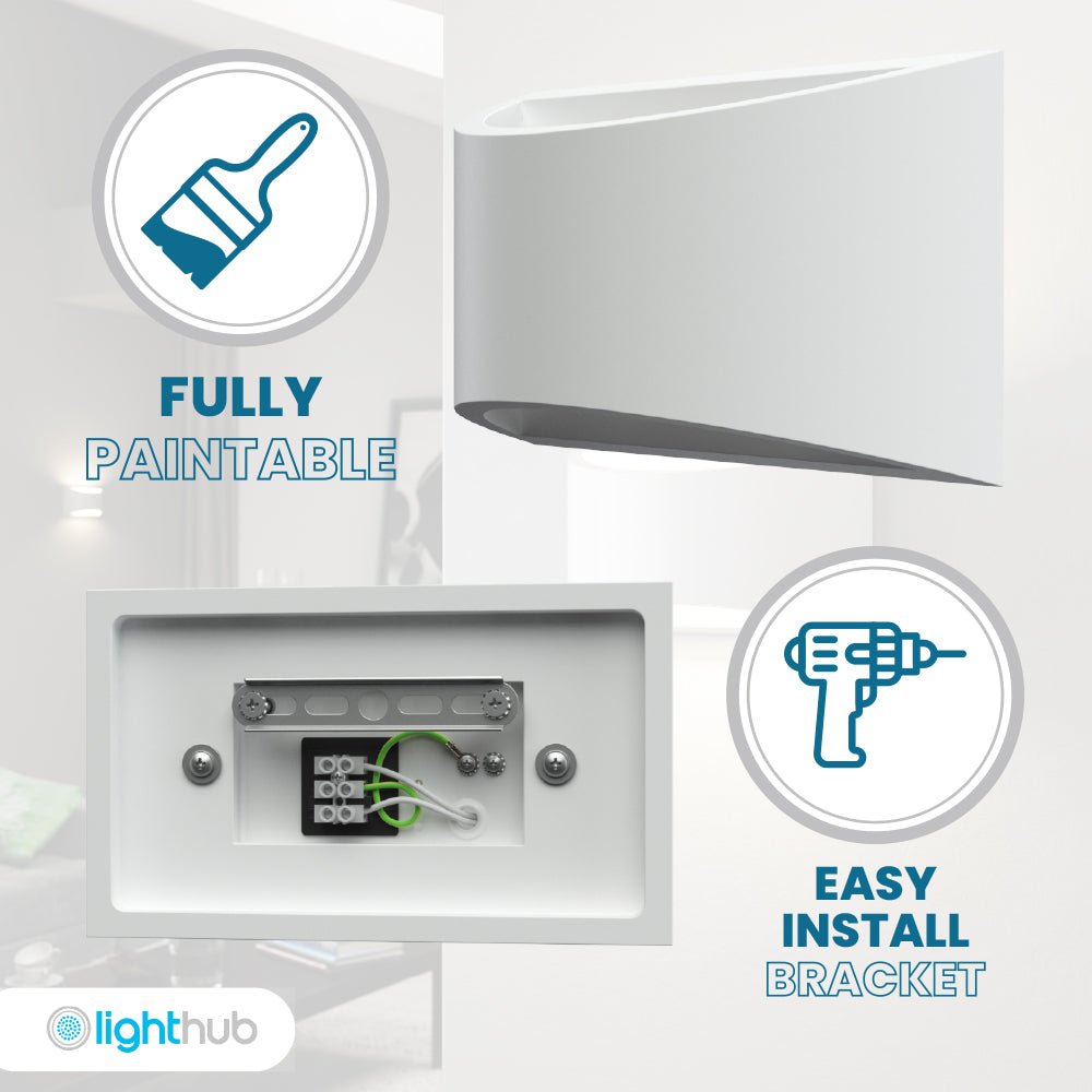 ALPHA XL Curved Plaster Uplighter Wall Fitting | E14 | Up Down Light Effect | 3000K Warm White Dimmable - LightHub Direct