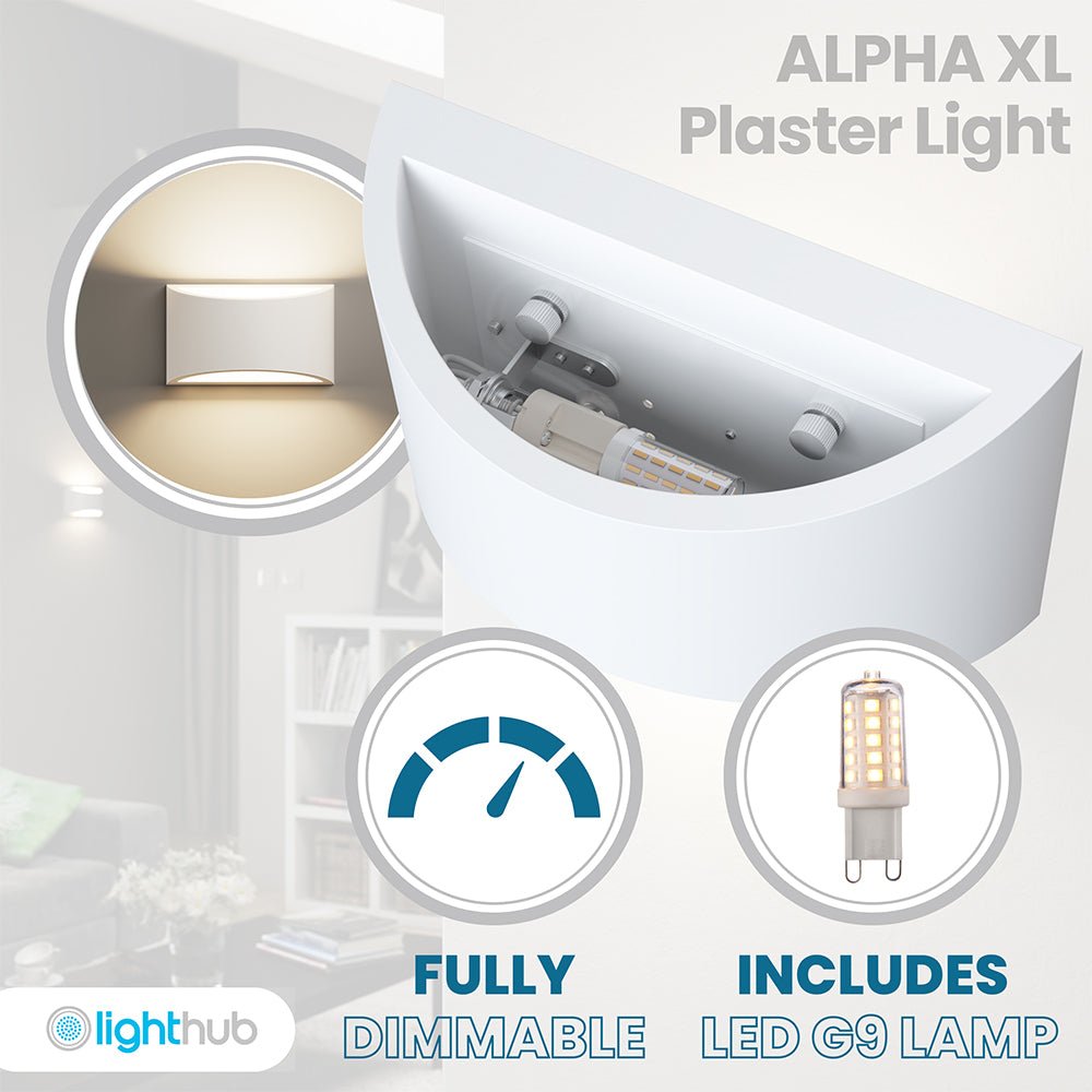 ALPHA XL Curved Plaster Uplighter Wall Fitting | E14 | Up Down Light Effect | 3000K Warm White Dimmable - LightHub Direct