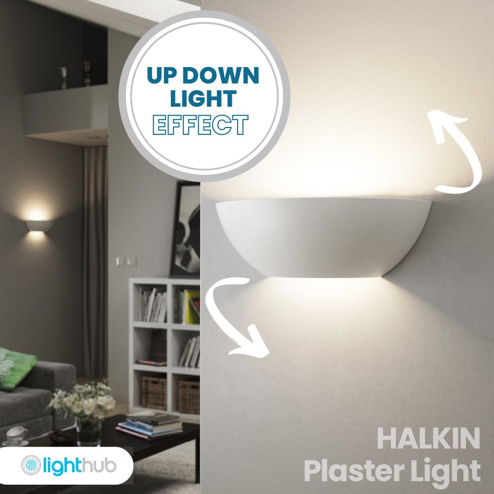 HALKIN Half Moon Plaster Uplighter Fitting | E14 (SES) | Up Down Light Effect - LightHub Direct