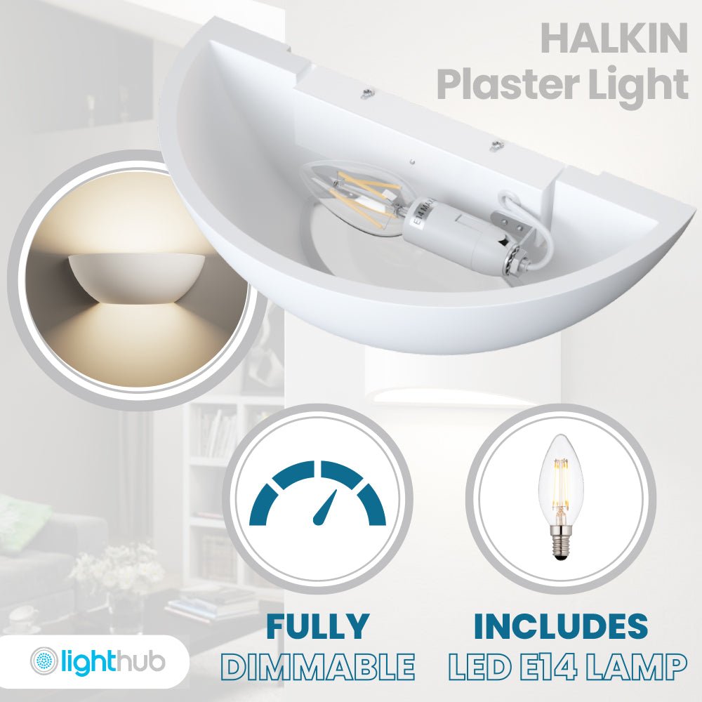 HALKIN Half Moon Plaster Uplighter Fitting | E14 (SES) | Up Down Light Effect | 2700K Warm White Dimmable - LightHub Direct