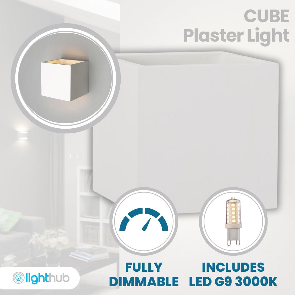 CUBE LED Square Paintable Plaster Wall Uplighter Light | G9 | Up Down Light Effect | 3000K Warm White Dimmable - LightHub Direct