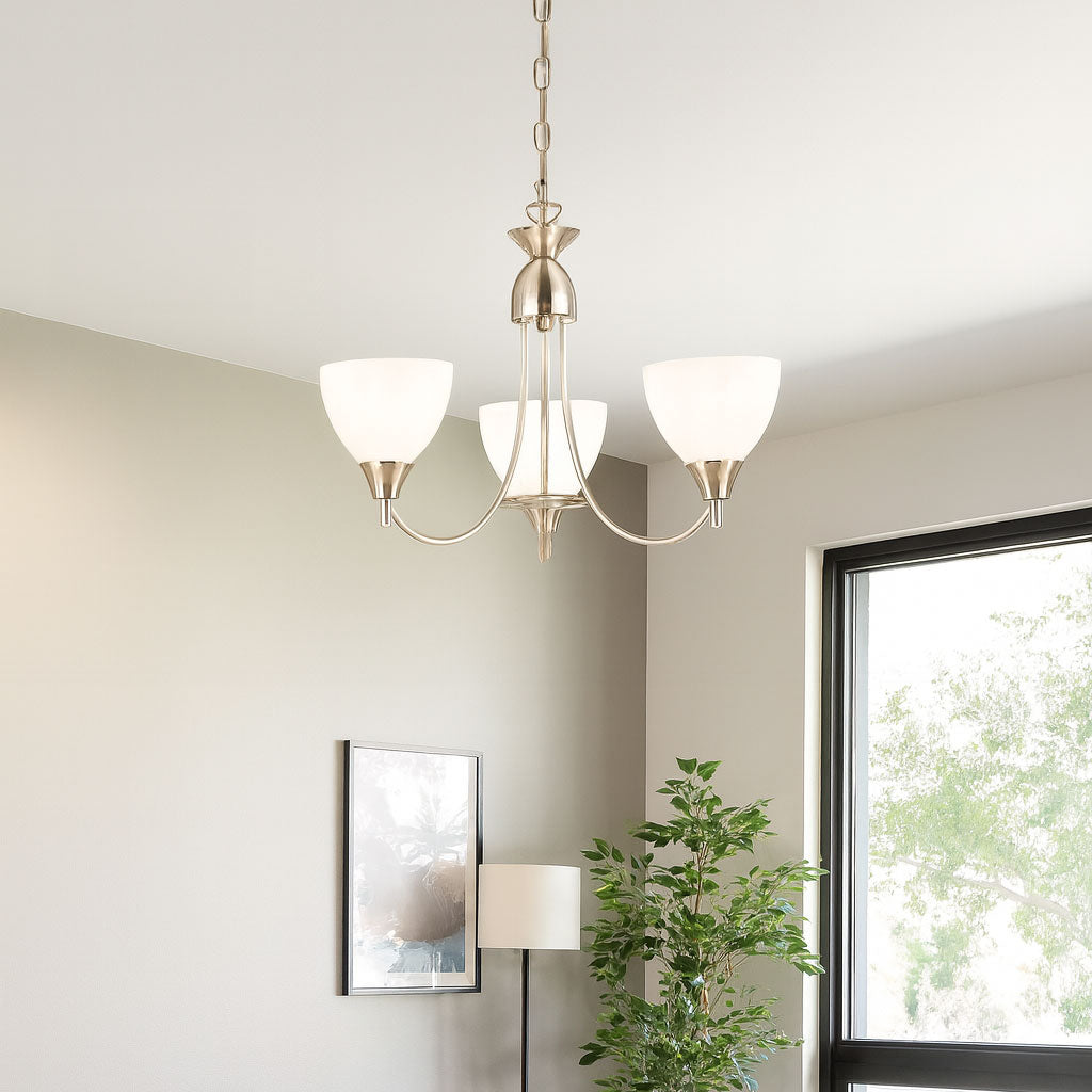 3 Light Ceiling Pendant Semi Flush Fitting with Opal Glass Shades | E27 | Satin Chrome