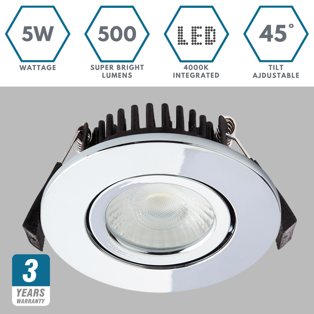 COMO | LED Slim Tilt Adjustable Fire Rated Downlight | Dimmable 5W 500lm | IP65 | 4000K Neutral White | Chrome