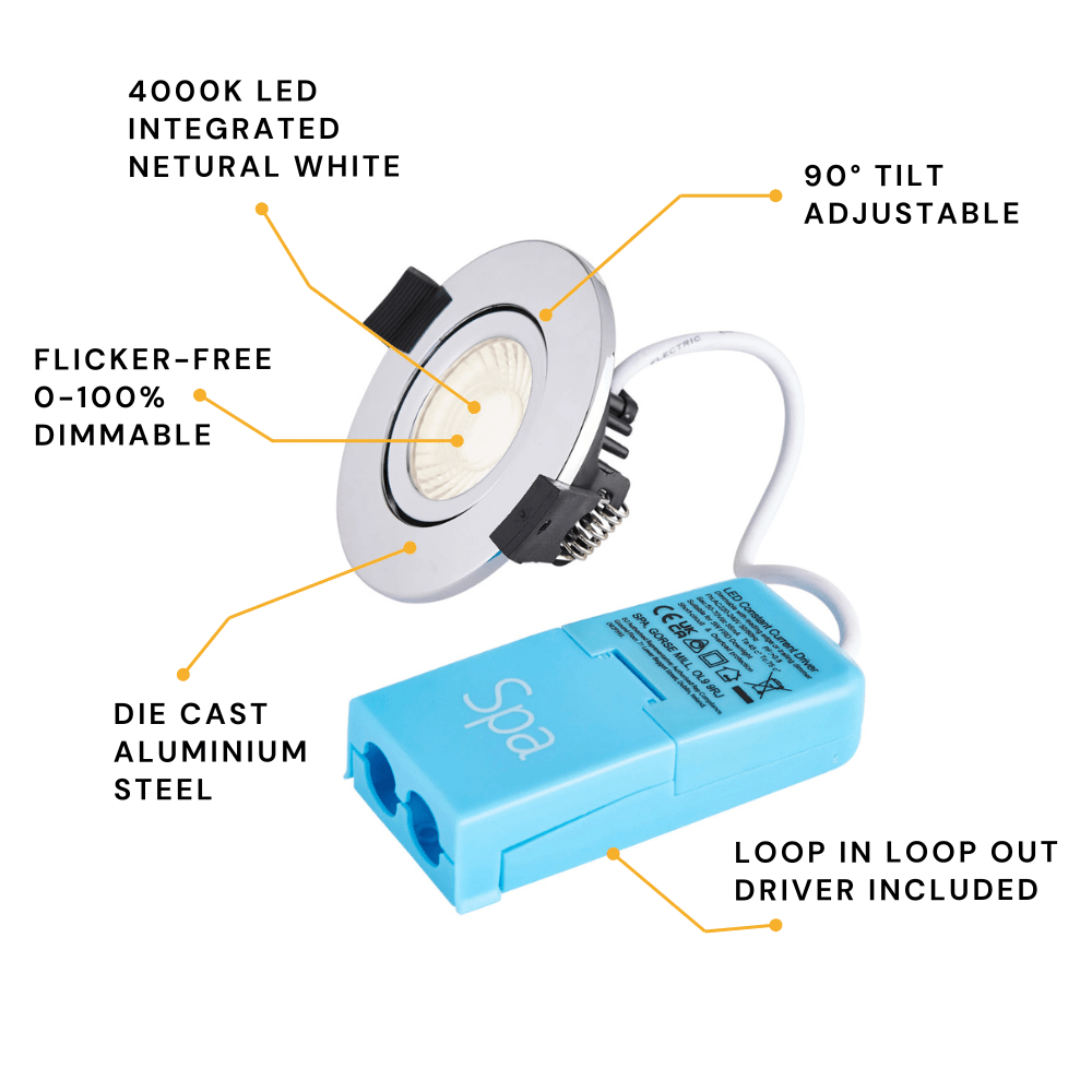 COMO | LED Slim Tilt Adjustable Fire Rated Downlight | Dimmable 5W 500lm | IP65 | 4000K Neutral White | Chrome - LightHub Direct