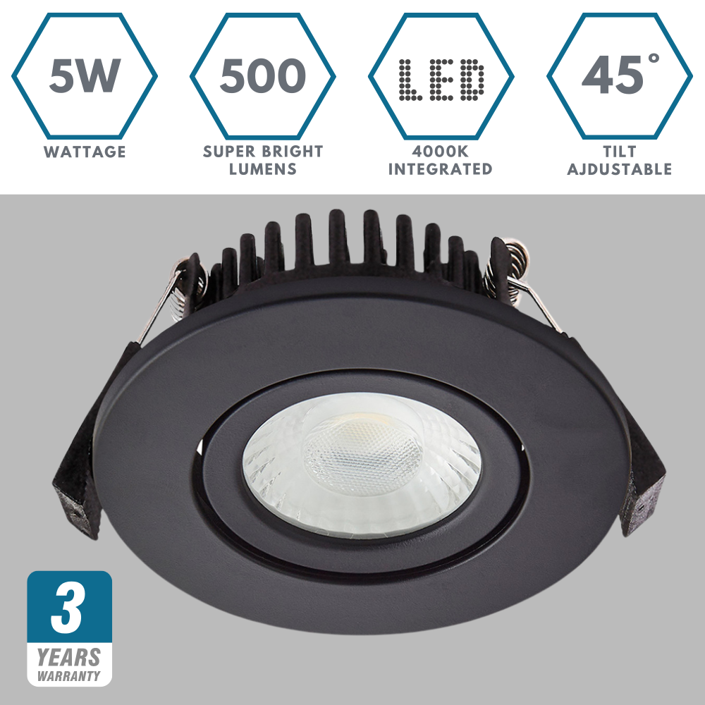 COMO | LED Slim Tilt Adjustable Fire Rated Downlight | Dimmable 5W 500lm | IP65 | 4000K Neutral White | Matt Black