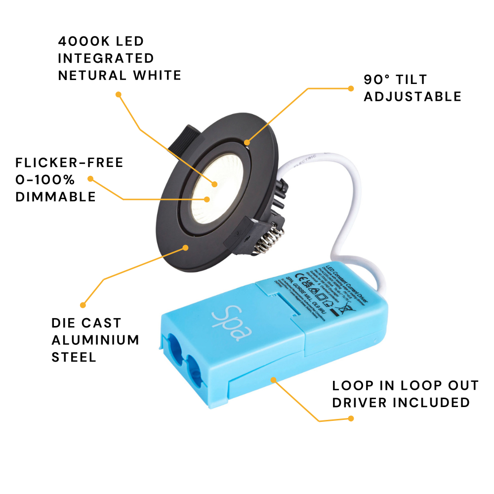 COMO | LED Slim Tilt Adjustable Fire Rated Downlight | Dimmable 5W 500lm | IP65 | 4000K Neutral White | Matt Black