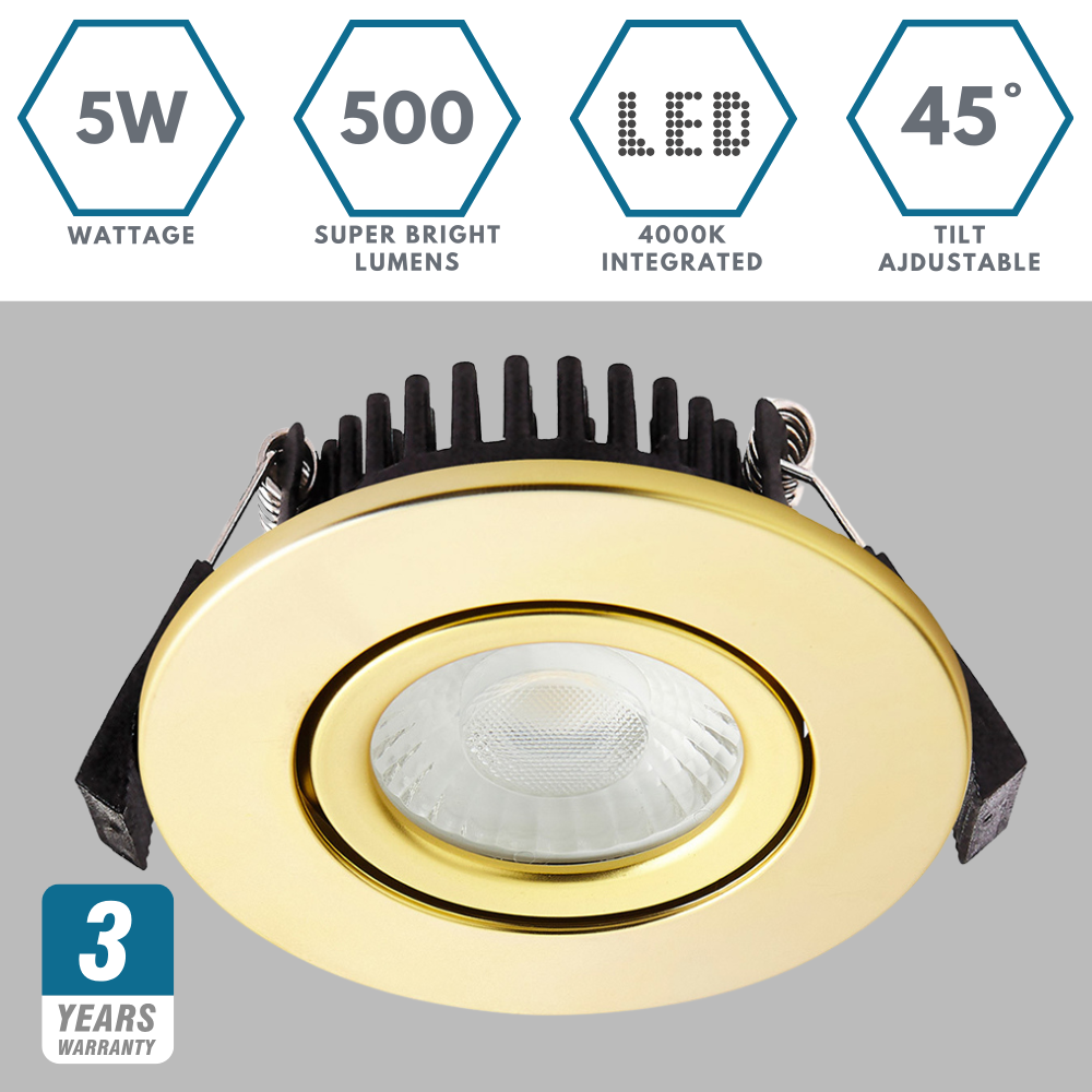 COMO | LED Slim Tilt Adjustable Fire Rated Downlight | Dimmable 5W 500lm | IP65 | 4000K Neutral White | Satin Brass