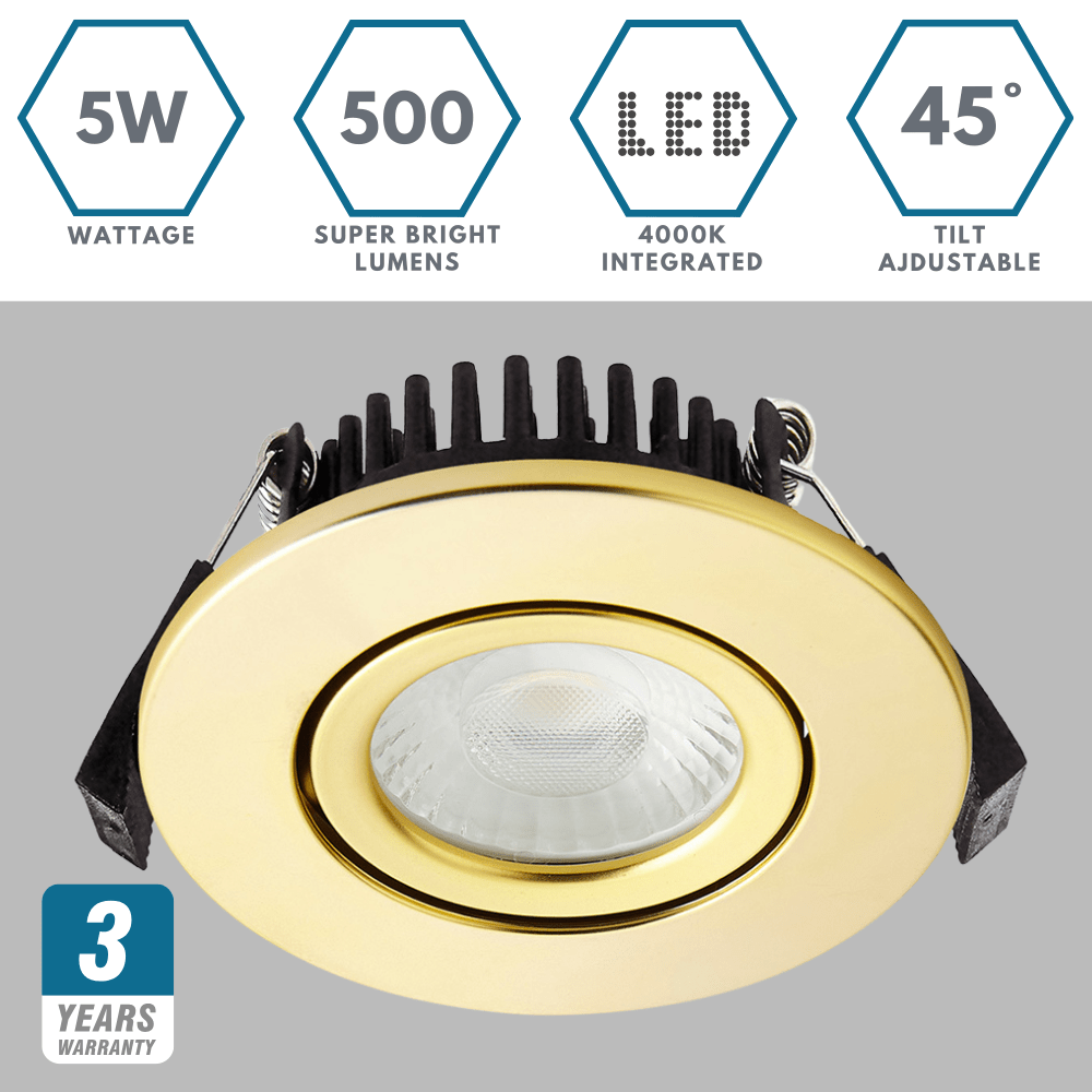 COMO | LED Slim Tilt Adjustable Fire Rated Downlight | Dimmable 5W 500lm | IP65 | 4000K Neutral White | Satin Brass - LightHub Direct