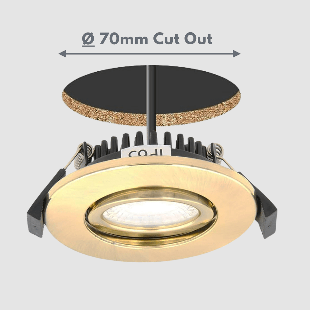 COMO | LED Slim Tilt Adjustable Fire Rated Downlight | Dimmable 5W 500lm | IP65 | 4000K Neutral White | Satin Brass - LightHub Direct
