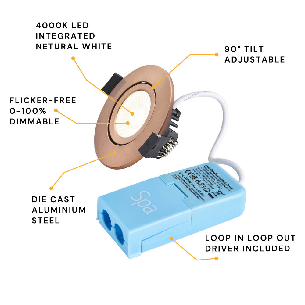 COMO | LED Slim Tilt Adjustable Fire Rated Downlight | Dimmable 5W 500lm | IP65 | 4000K Neutral White | Antique Copper