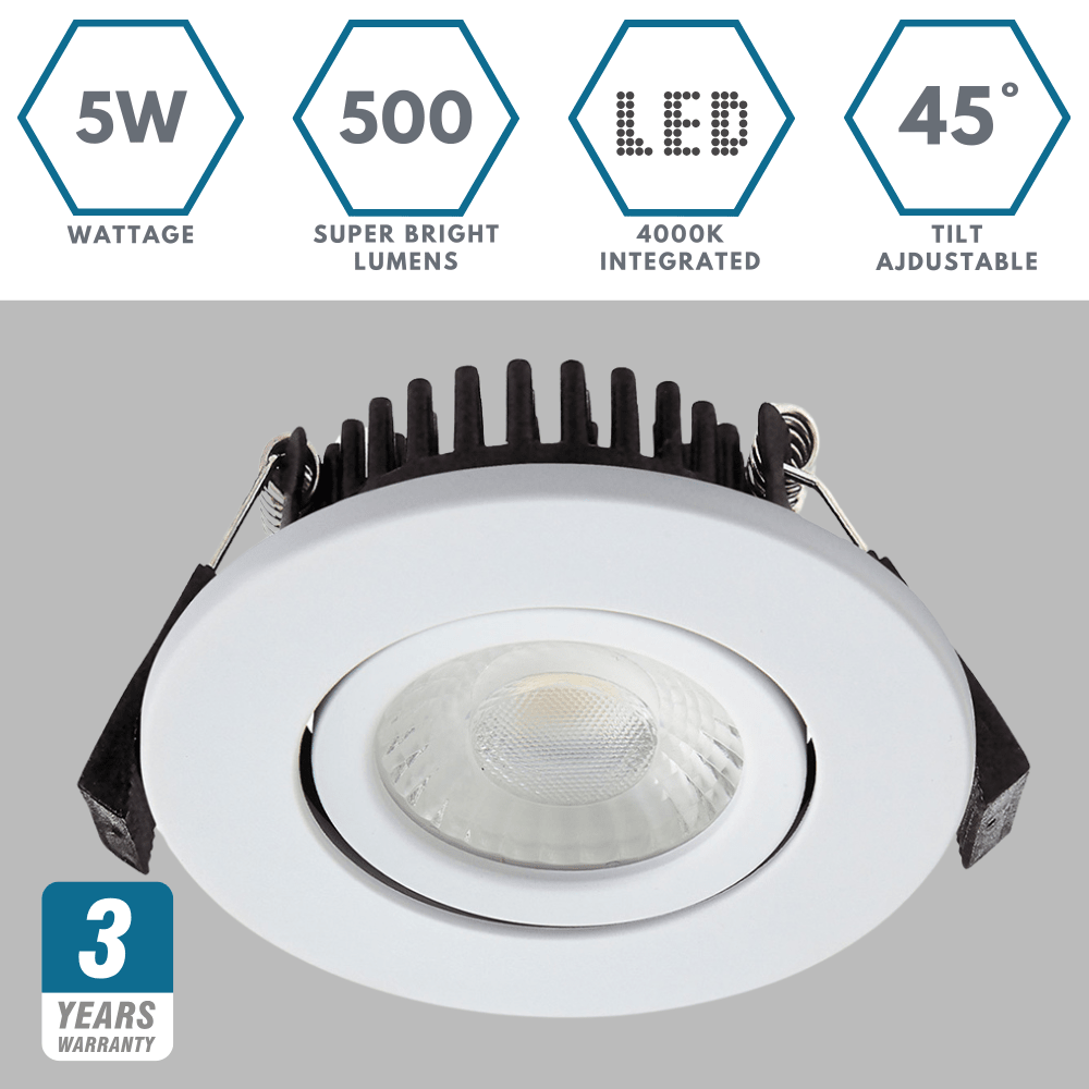 COMO | LED Slim Tilt Adjustable Fire Rated Downlight | Dimmable 5W 500lm | IP65 | 4000K Neutral White | Matt White - LightHub Direct