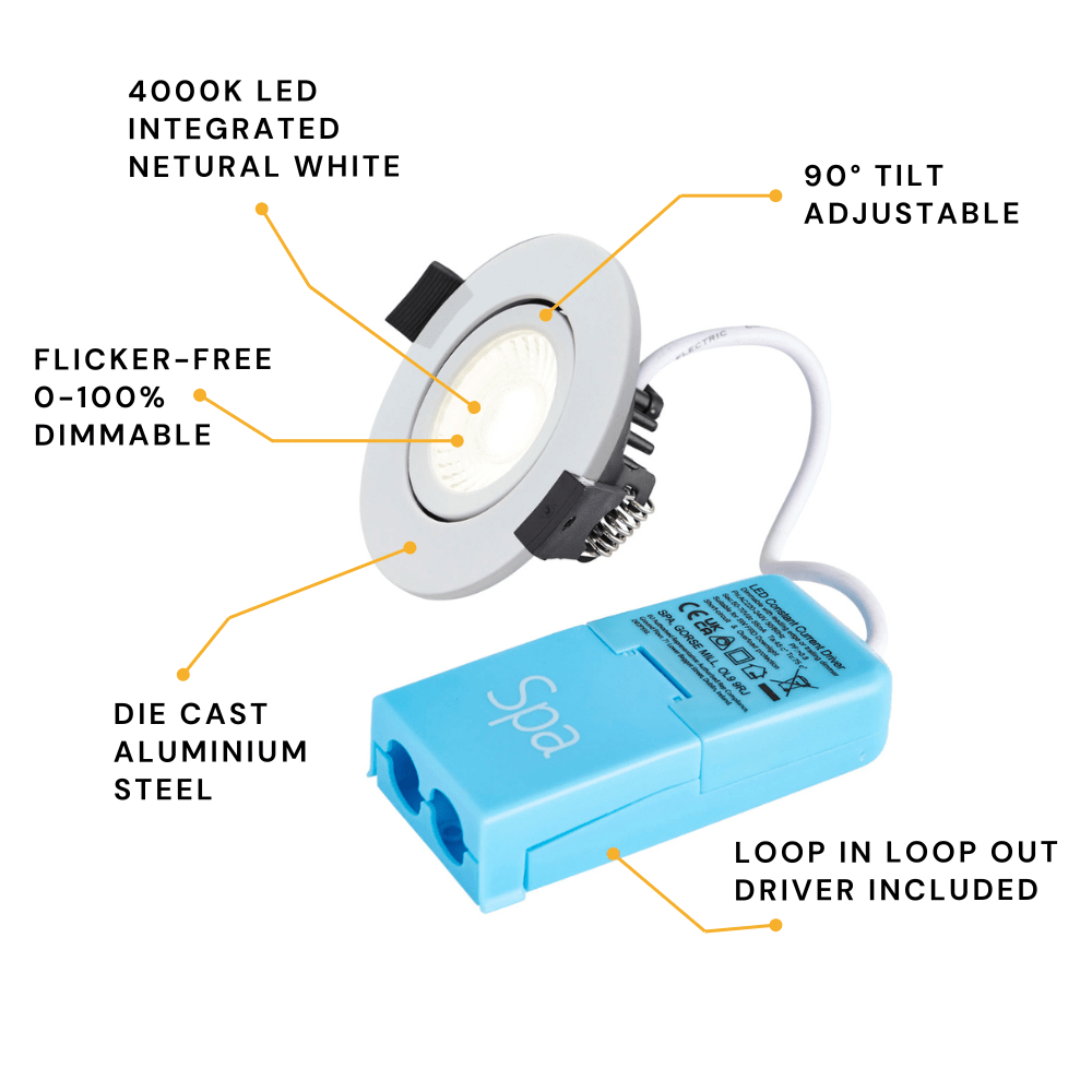COMO | LED Slim Tilt Adjustable Fire Rated Downlight | Dimmable 5W 500lm | IP65 | 4000K Neutral White | Matt White - LightHub Direct