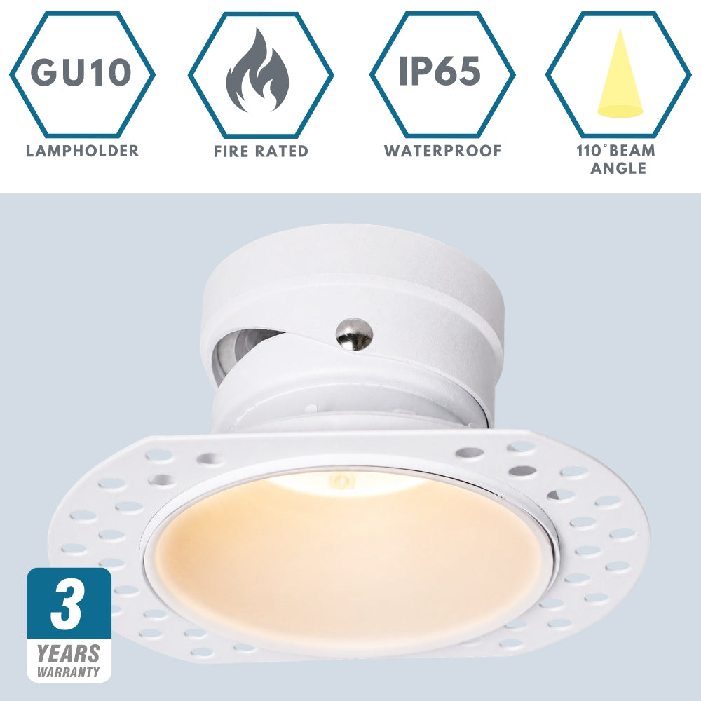 LIMA | Plaster-in Trimless Round | Fire Rated | Baffle Anti Glare Downlight | GU10 | Tilt Adjustable | White
