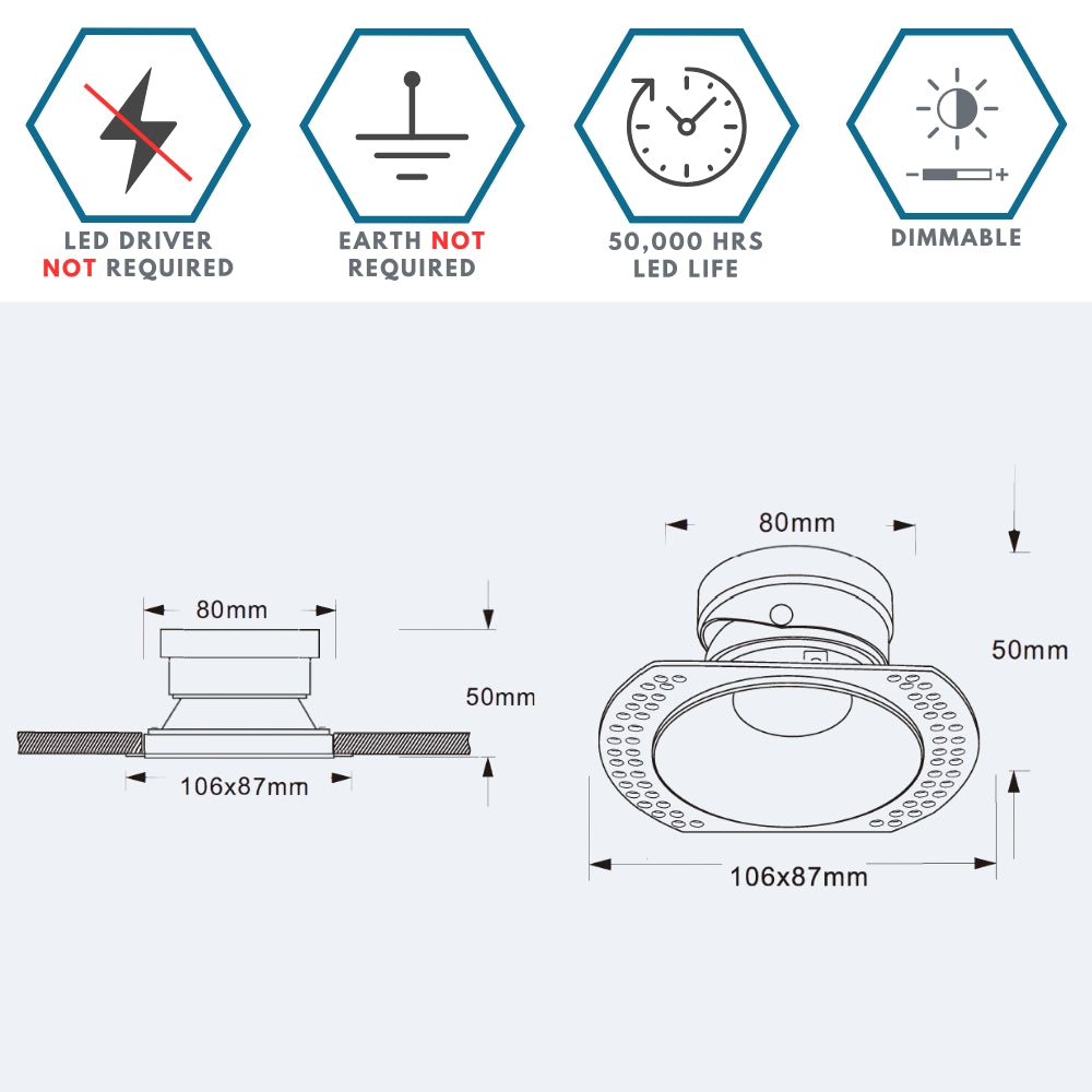 LIMA | Plaster-in Trimless Round | Fire Rated | Baffle Anti Glare Downlight | GU10 | Tilt Adjustable | White