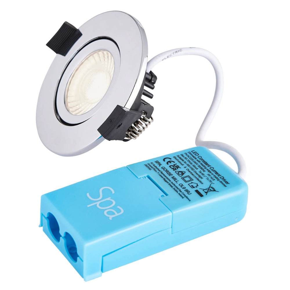 COMO | LED Slim Tilt Adjustable Fire Rated Downlight | Dimmable 5W 500lm | IP65 | 4000K Neutral White | Chrome - LightHub Direct