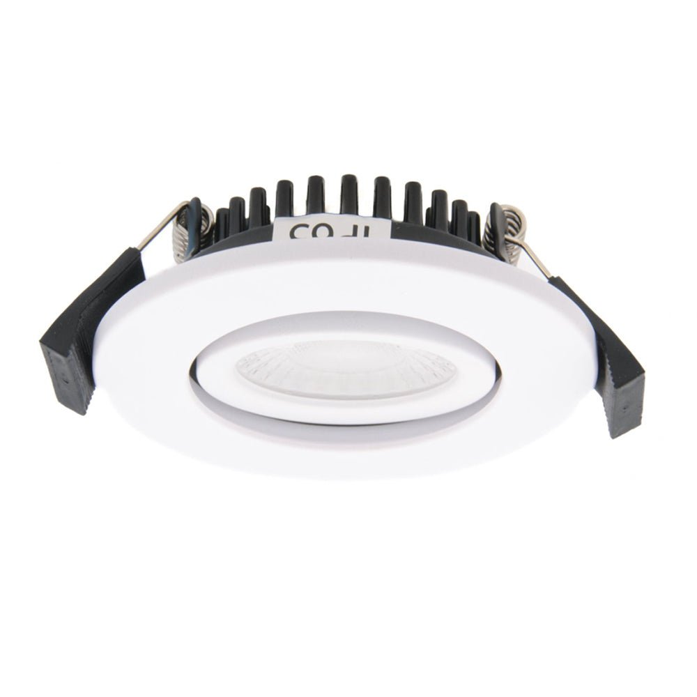 COMO | LED Slim Tilt Adjustable Fire Rated Downlight | Dimmable 5W 500lm | IP65 | 4000K Neutral White | Matt White - LightHub Direct