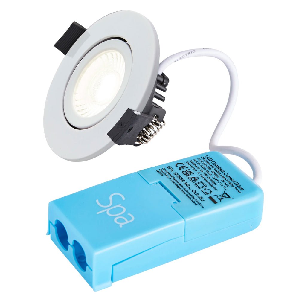 COMO | LED Slim Tilt Adjustable Fire Rated Downlight | Dimmable 5W 500lm | IP65 | 4000K Neutral White | Matt White - LightHub Direct