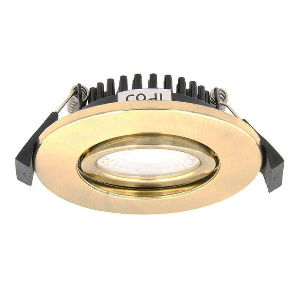COMO | LED Slim Tilt Adjustable Fire Rated Downlight | Dimmable 5W 500lm | IP65 | 4000K Neutral White | Satin Brass - LightHub Direct