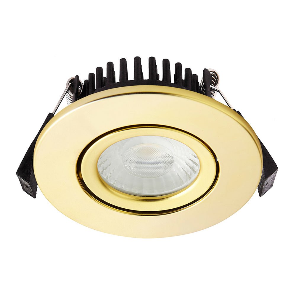 COMO | LED Slim Tilt Adjustable Fire Rated Downlight | Dimmable 5W 500lm | IP65 | 4000K Neutral White | Satin Brass - LightHub Direct