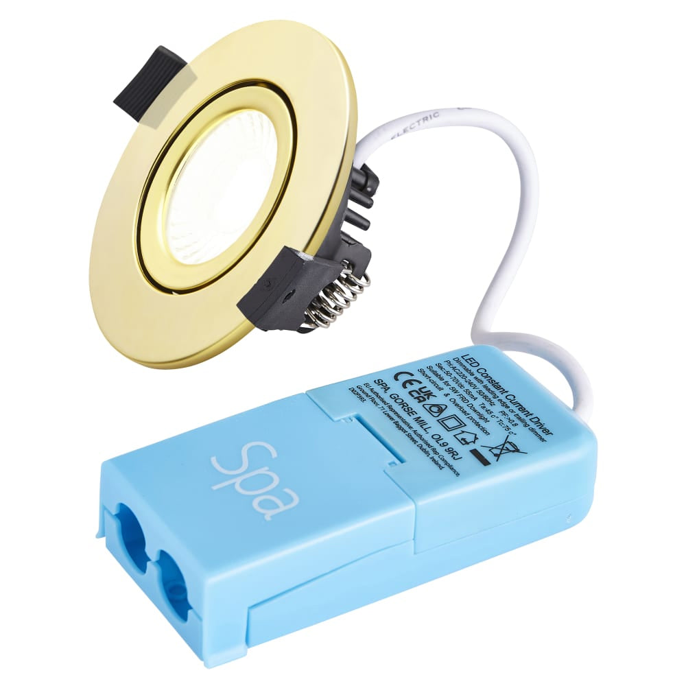 COMO | LED Slim Tilt Adjustable Fire Rated Downlight | Dimmable 5W 500lm | IP65 | 4000K Neutral White | Satin Brass