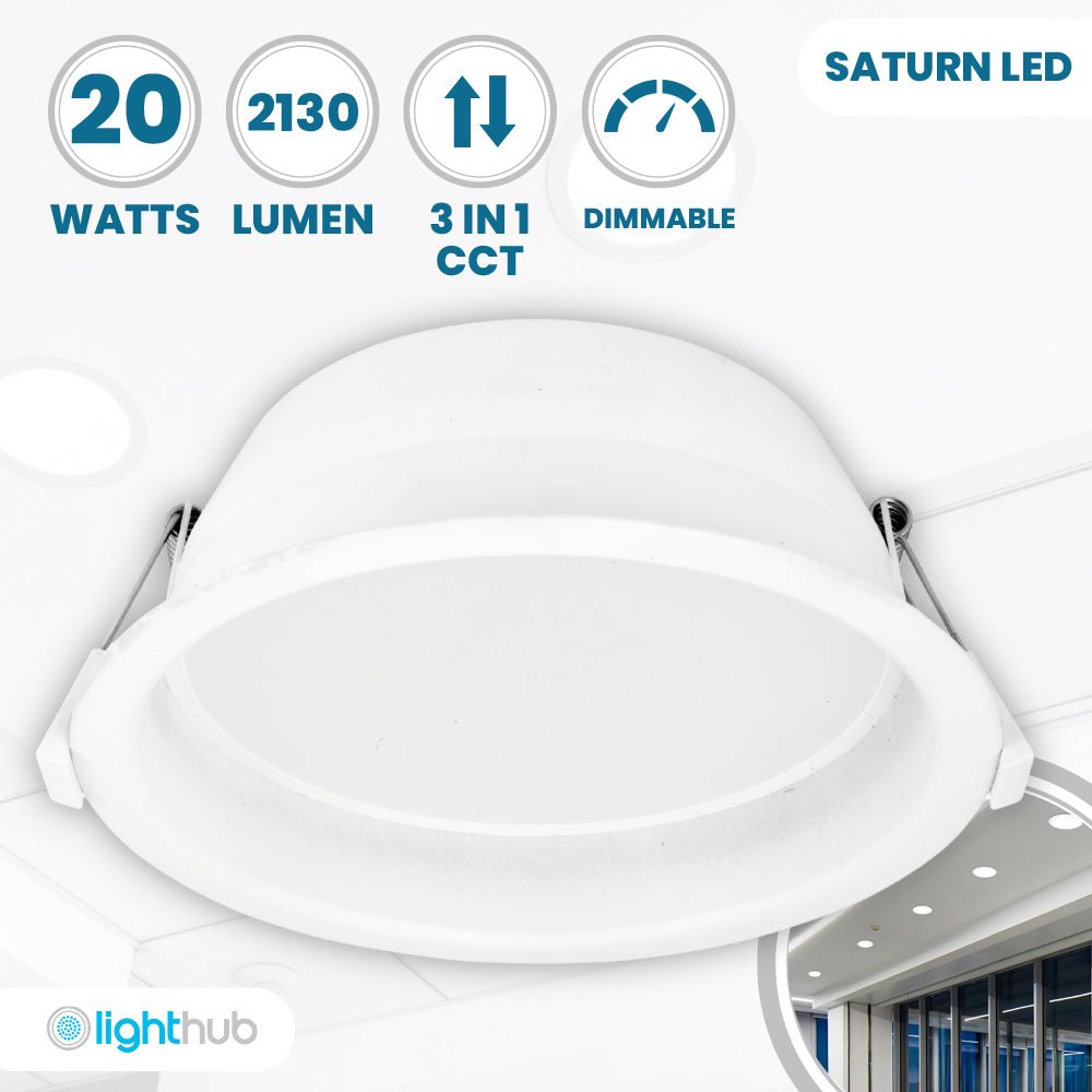SATURN LED Recessed Round Dimmable Commercial Downlight Fitting | 20W 2130lm | CCT Tri - Colour | IP44 | Standard - LightHub Direct