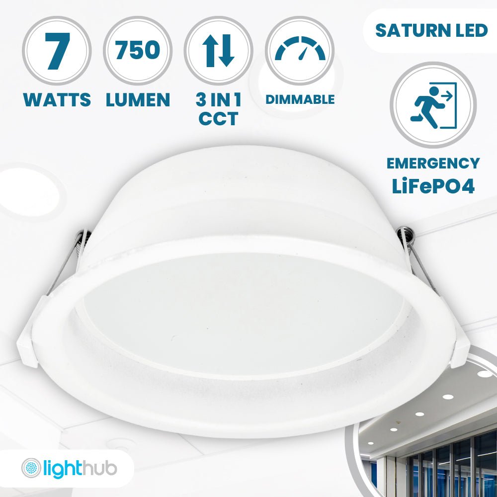 SATURN LED Recessed Round Dimmable Commercial Downlight Fitting | 7W 750lm | CCT Tri - Colour | IP40 | 3hr Emergency Function - LightHub Direct